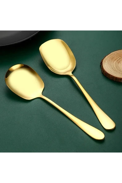 Online Kapında 2 Adet Gold Şık Servis Sunum ve Tatlı Servis Kaşığı Paslanmaz Çelik Parlak 21 cm - Resim 2