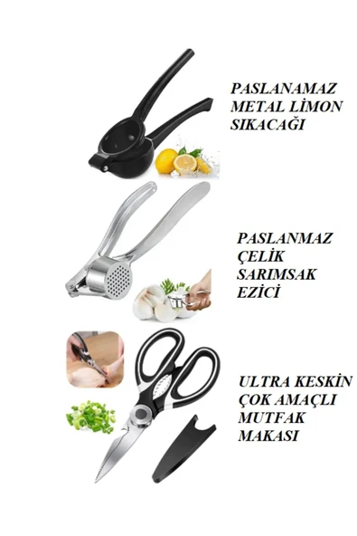 Online Kapında Online Kapında3'lü Set Paslanmaz Metal Limon Sıkacağı, Sarımsak Ezici, Çok Fonksiyonlu Mutfak Makası ürün görseli 1