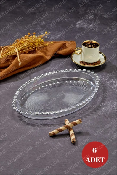 Kitchen Line 6 ADET Oval Boncuklu Mika Sunum Tepsisi, Kahve Sunum Tepsisi, Boncuk Tepsi, Kahve Sunumu ürün görseli 1