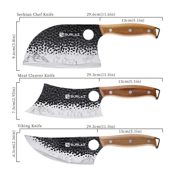 Şef Bıçak Seti 3’lü Et ve Mutfak Bıçağı: Sırp Şef Bıçak, Satır Bıçağı, Viking Bıçak Ergonomik Ahşap Saplı, El Dövmesi Desenli, Paslanmaz Çelik - Resim 5