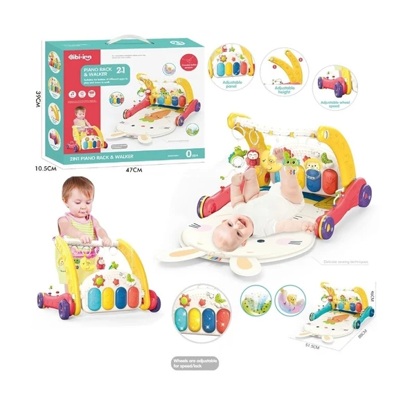 BIB6016- Vardem Piyanolu Bebek Yürüteci ve Tavşan Desenli Kırmızı Oyun Halısı  2 in 1 - 2