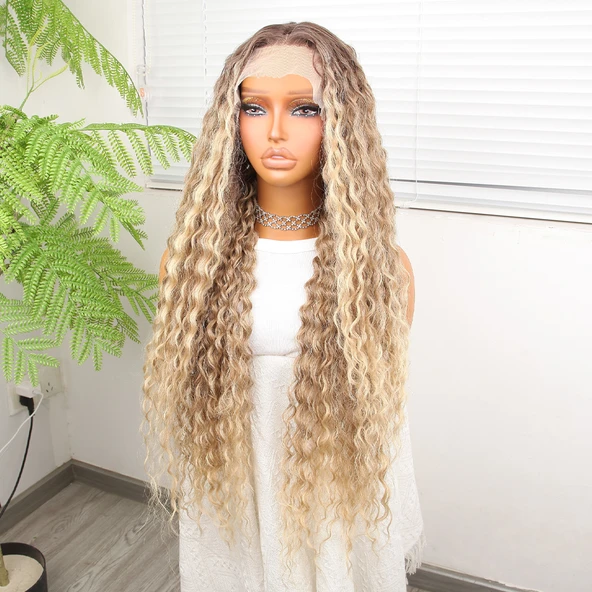 Afro Dalga Kumral Balköpüğü Ombre ve Röfleli Fiber Sentetik Tül Peruk - Resim 4