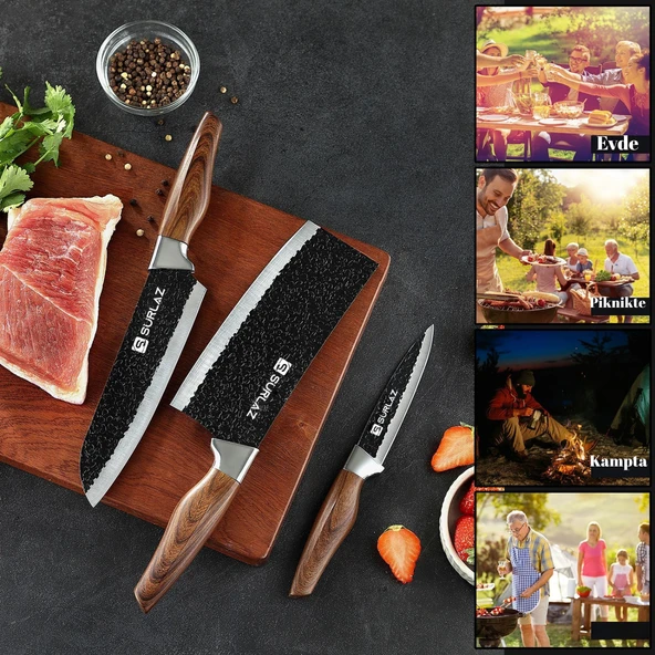 3’lü Şef Bıçağı Seti Paslanmaz Çelik, El Dövmesi Desen, Ergonomik Ahşap Sap Mutfak ve Et Doğrama Bıçakları - 3