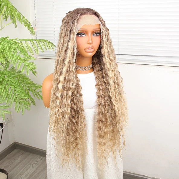 Afro Dalga Kumral Balköpüğü Ombre ve Röfleli Fiber Sentetik Tül Peruk - Resim 3