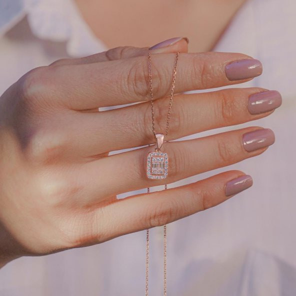 Baget Taşlı Rose Kaplama 925 Ayar Gümüş Kadın Kolye ürün görseli 1