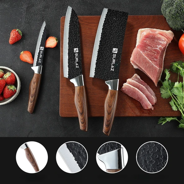 3’lü Şef Bıçağı Seti Paslanmaz Çelik, El Dövmesi Desen, Ergonomik Ahşap Sap Mutfak ve Et Doğrama Bıçakları
