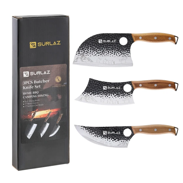Şef Bıçak Seti 3’lü Et ve Mutfak Bıçağı: Sırp Şef Bıçak, Satır Bıçağı, Viking Bıçak Ergonomik Ahşap Saplı, El Dövmesi Desenli, Paslanmaz Çelik ürün görseli