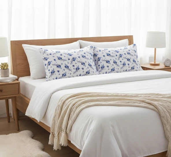 Yastık Kılıfı Kapaklı Mavi Çiçek Desenli 2'Lİ 50x70 - Resim 6