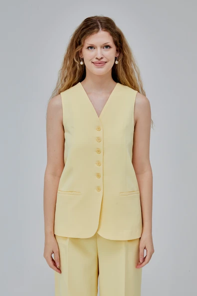Sarı Düğmeli Regular Astarlı Dokuma Yelek - 5