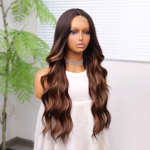 Kahverengi Karamel Işıltılı ve Ombreli Tül Peruk - Resim 3