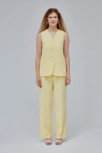 Sarı Düğmeli Regular Astarlı Dokuma Yelek - 3