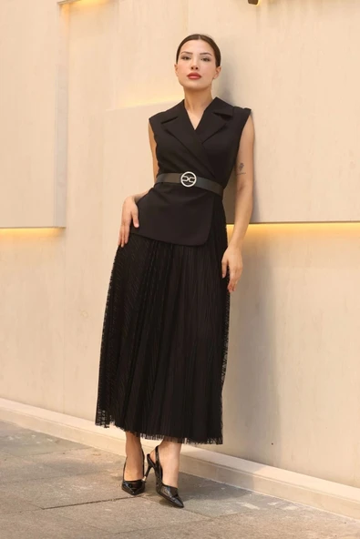 Eteği Piliseli Kemerli Abiye Elbise 2390-Siyah - Resim 2