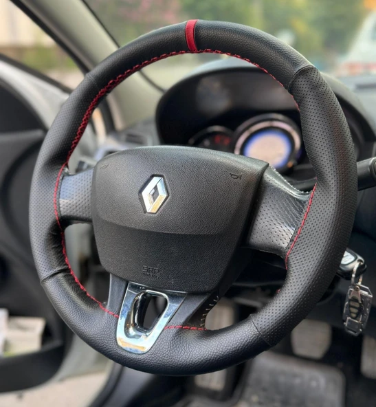DİKİŞLİ DİREKSİYON KILIFI SİYAH DERİ NOKTALI DERİ KIRMIZI YÜZÜK KIRMIZI DİKİŞLİ R. FLUENCE İÇİN - 1