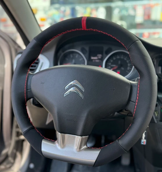 DİKİŞLİ DİREKSİYON KILIFI NOKTALI DERİ NUBUK DERİ KIRMIZI YÜZÜK KIRMIZI DİKİŞLİ CİTROEN ELYSEE ürün görseli