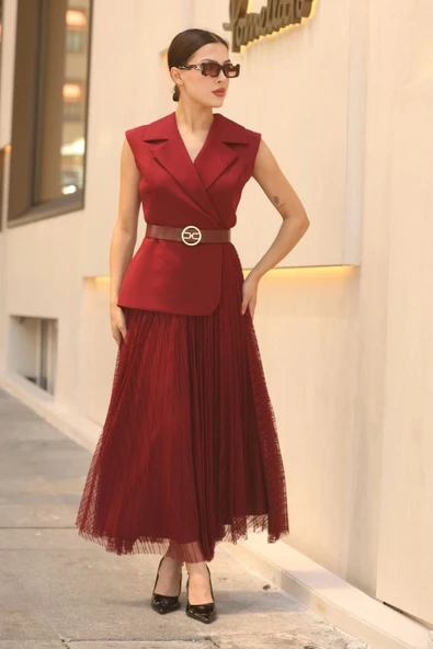 Eteği Piliseli Kemerli Abiye Elbise 2390-Bordo ürün görseli