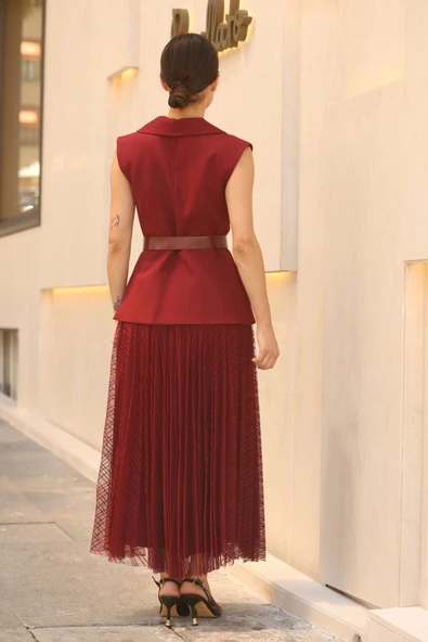 Eteği Piliseli Kemerli Abiye Elbise 2390-Bordo - Resim 6