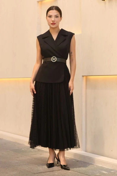 Eteği Piliseli Kemerli Abiye Elbise 2390-Siyah ürün görseli