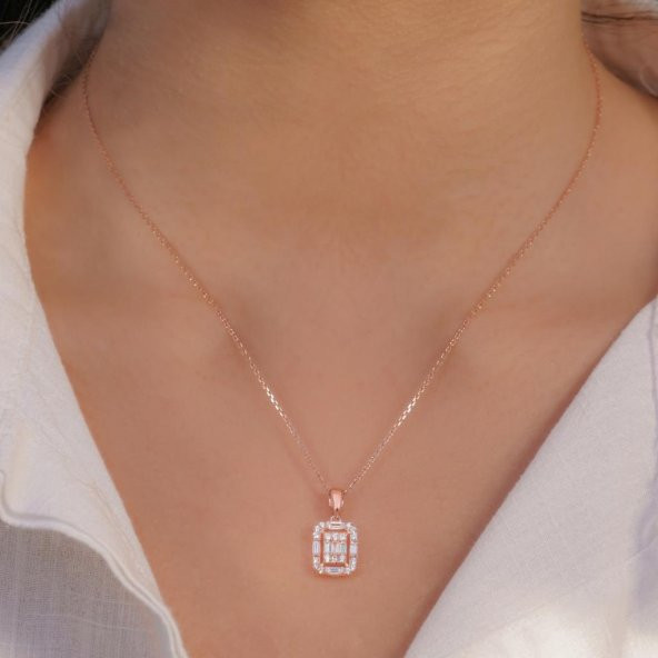Baget Taşlı Rose Kaplama 925 Ayar Gümüş Kadın Kolye - Resim 2