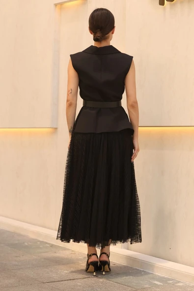 Eteği Piliseli Kemerli Abiye Elbise 2390-Siyah - Resim 5