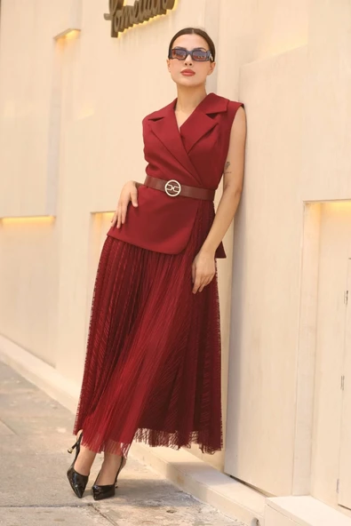 Eteği Piliseli Kemerli Abiye Elbise 2390-Bordo - Resim 2