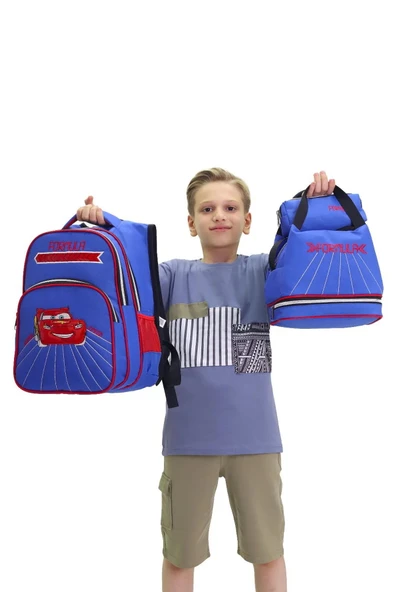 Lugmo 3 Lü Ortaokul Çanta Seti İlkokul Çantası Komple Astarlı Araba Mavi - Resim 4