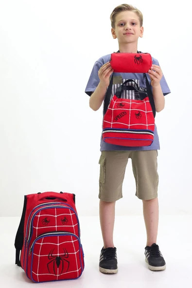 Lugmo 3 Lü Ortaokul Çanta Seti İlkokul Çantası Komple Astarlı Örümcek Kırmızı - Resim 3