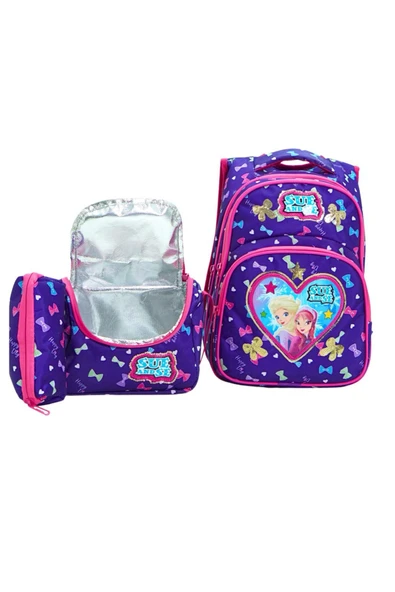 Lugmo 3 Lü Ortaokul Çanta Seti İlkokul Çantası Komple Astarlı Kalpli Mor ürün görseli