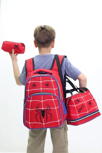 Lugmo 3 Lü Ortaokul Çanta Seti İlkokul Çantası Komple Astarlı Örümcek Kırmızı ürün görseli