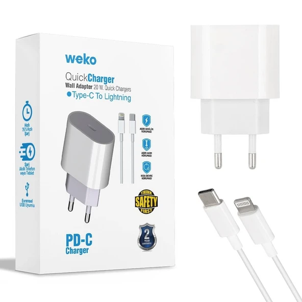 Weko WK-21443 PD-C 20 Watt Telefon Şarj Adaptörü + Type-C To Lightning Kablo
