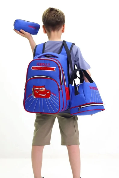 Lugmo 3 Lü Ortaokul Çanta Seti İlkokul Çantası Komple Astarlı Araba Mavi ürün görseli