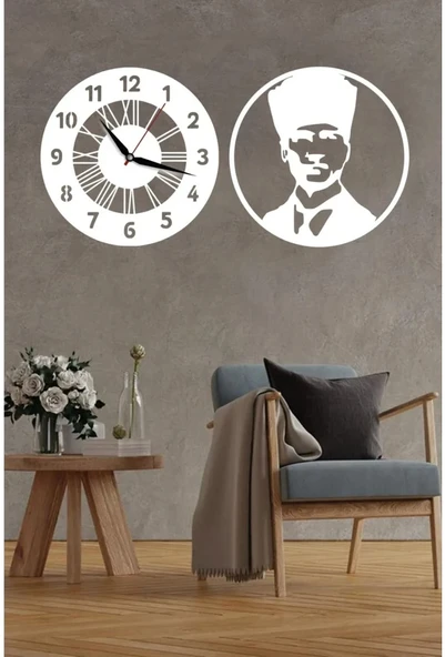 Beyaz Roma Rakamlı dekoratif dekor saat+ Atatürk ürün görseli 1
