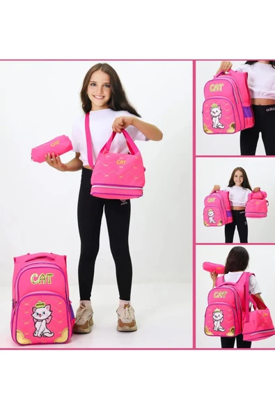 Lugmo 3 Lü Ortaokul Çanta Seti İlkokul Çantası Komple Astarlı Cat Pembe - 4