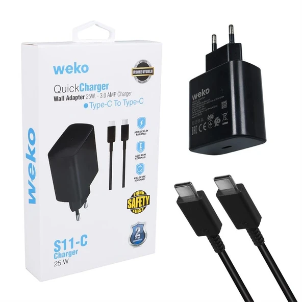 Weko Wk-26523 S11-C 25 Watt Siyah Şarj Başlık Adaptörü + Type-C To Type-C Kablo