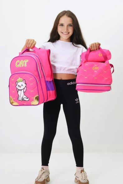 Lugmo 3 Lü Ortaokul Çanta Seti İlkokul Çantası Komple Astarlı Cat Pembe - 3