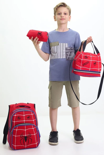 Lugmo 3 Lü Ortaokul Çanta Seti İlkokul Çantası Komple Astarlı Örümcek Kırmızı - Resim 2