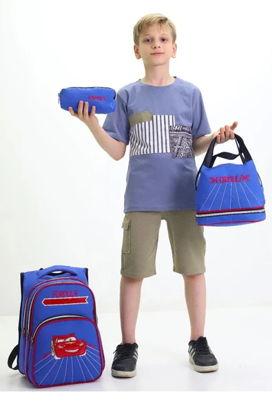 Lugmo 3 Lü Ortaokul Çanta Seti İlkokul Çantası Komple Astarlı Araba Mavi - Resim 3