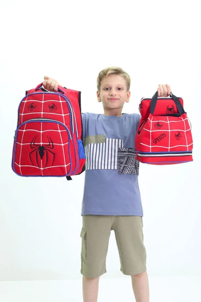 Lugmo 3 Lü Ortaokul Çanta Seti İlkokul Çantası Komple Astarlı Örümcek Kırmızı - Resim 4