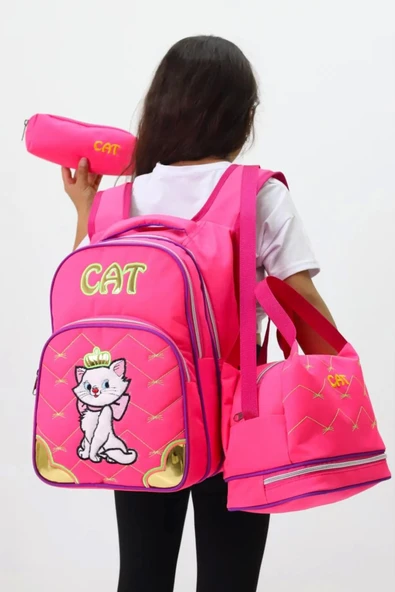 Lugmo 3 Lü Ortaokul Çanta Seti İlkokul Çantası Komple Astarlı Cat Pembe - 1