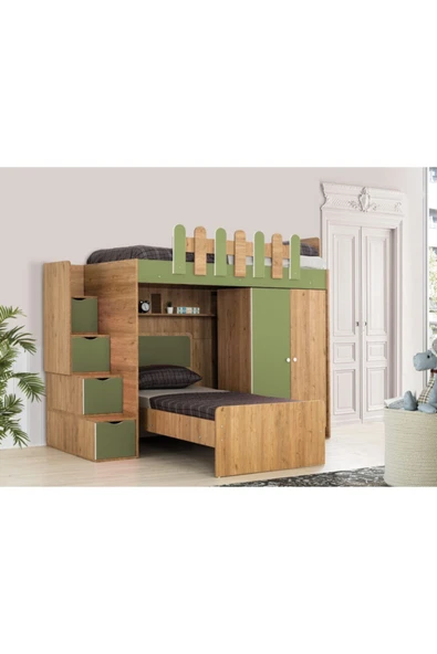 Güven Mobilya Kiwi Okyanus Ceviz / Yeşil 90*190 Karyolalı Dolaplı Ranza Takım - 4