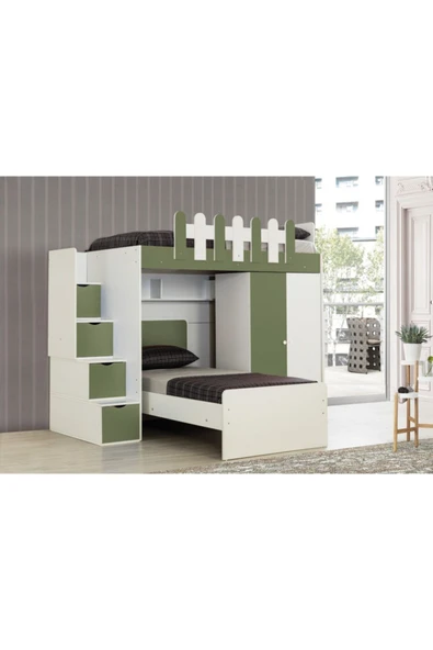 Güven Mobilya Kiwi Okyanus Beyaz / Yeşil 90*190 Karyolalı Dolaplı Ranza Takım - 4