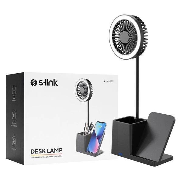 S-Link SL-M9055 10 Watt Kablosuz Şarj İstasyonlu Fanlı Kalemlikli Masa Lambası (Siyah) - 4