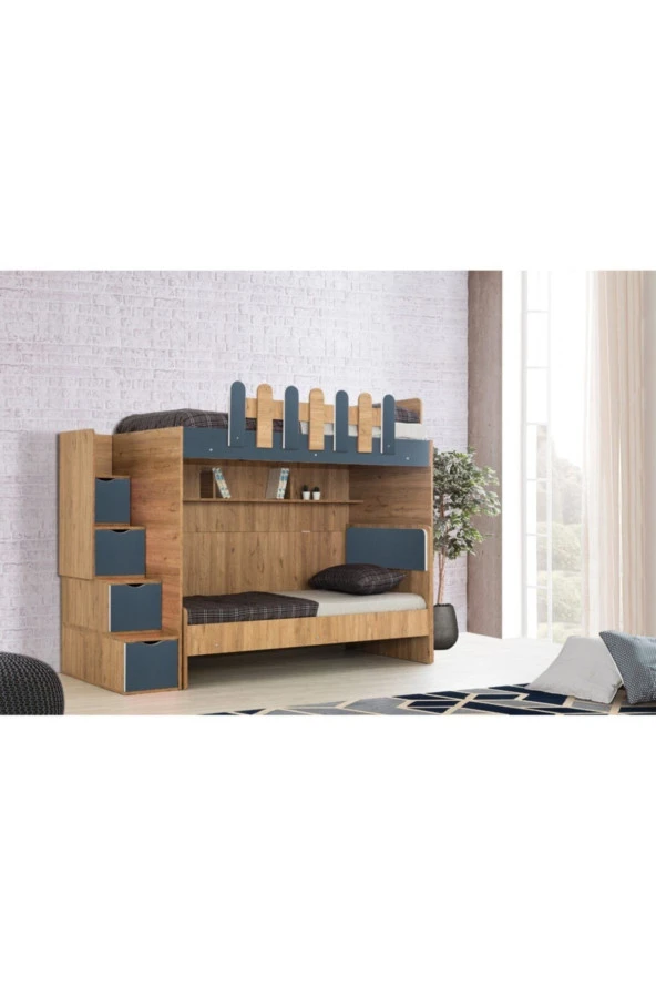 Güven Mobilya Kahverengi Ceviz Mavi Karyolalı Dolaplı Ranza Takım - 7