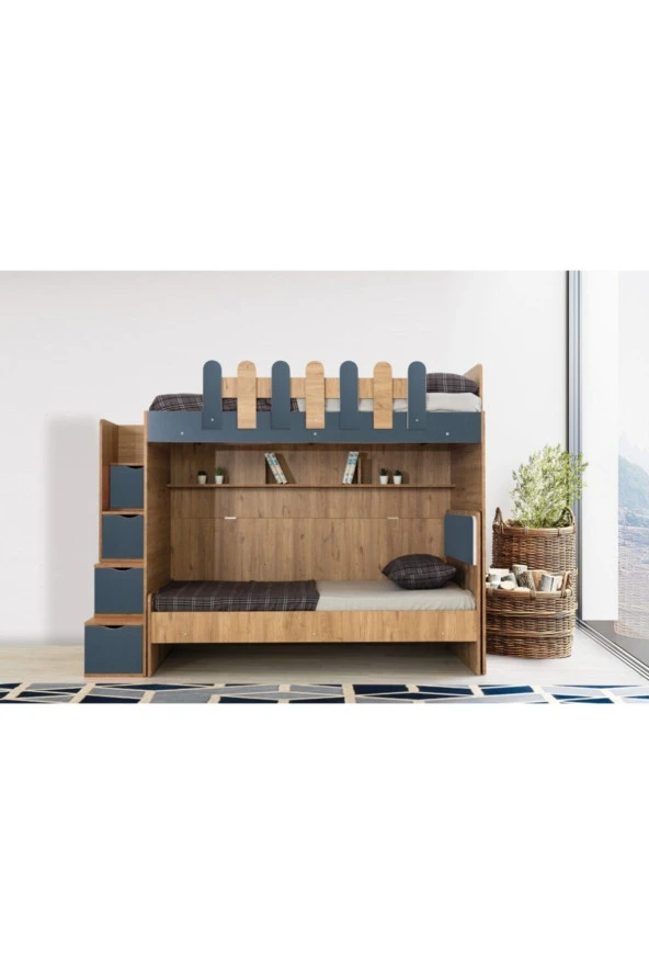 Güven Mobilya Kahverengi Ceviz Mavi Karyolalı Dolaplı Ranza Takım - 8