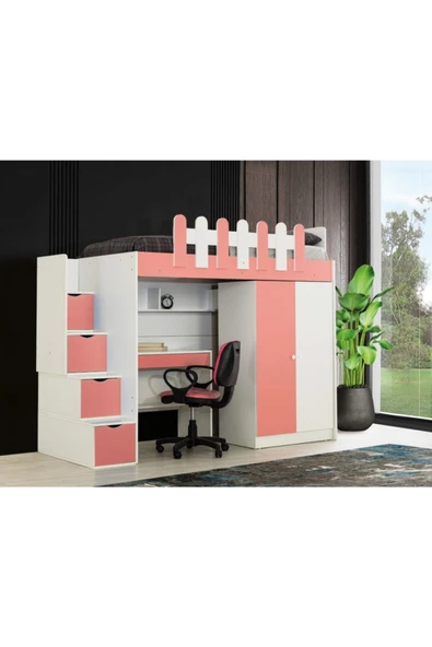 Güven Mobilya Pembe Çalışma Masalı Dolaplı Ranza Takım - 2