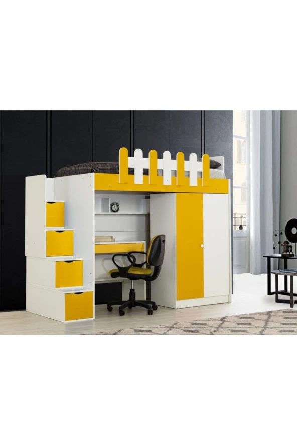 Güven Mobilya Okyanus Beyaz Sarı Çalışma Masalı Dolaplı Ranza Takım - 2