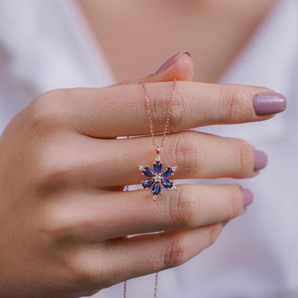 Lotus Çiçeği Tasarımlı Mavi Zirkon Taşlı Rose 925 Ayar Gümüş Kadın Kolye ürün görseli