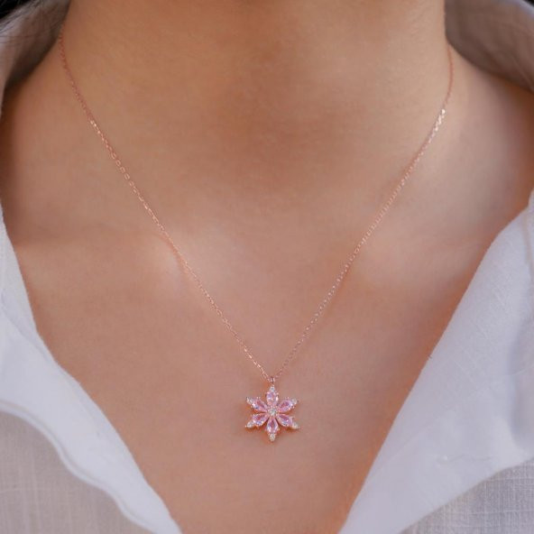 Lotus Çiçeği Tasarımlı Pembe Taşlı Rose 925 Ayar Gümüş Kadın Kolye - Resim 2