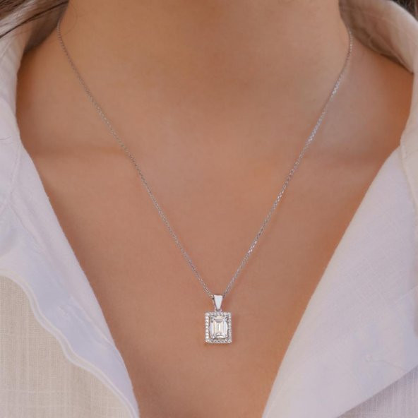 Büyük Baget Taşlı 925 Ayar Gümüş Kadın Kolye - Resim 2