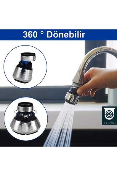 DESIPHON Krom 2 Fonksiyonlu Mutfak Lavabo Başlığı 360° Döner Su Tasarruflu Musluk Ucu Aparatı - 3