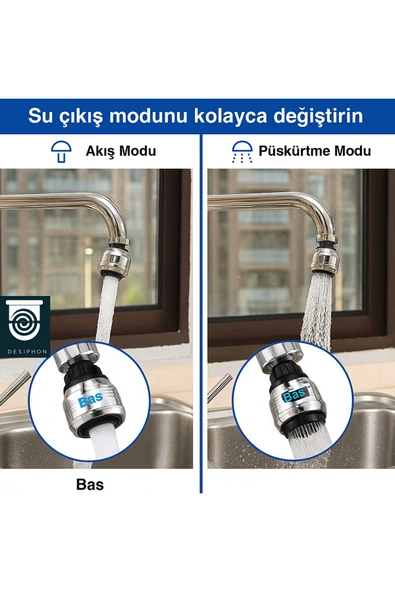 DESIPHON Krom 2 Fonksiyonlu Mutfak Lavabo Başlığı 360° Döner Su Tasarruflu Musluk Ucu Aparatı - 2